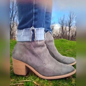 Qupid Suede Ankle Booties with Wooden Block Heel